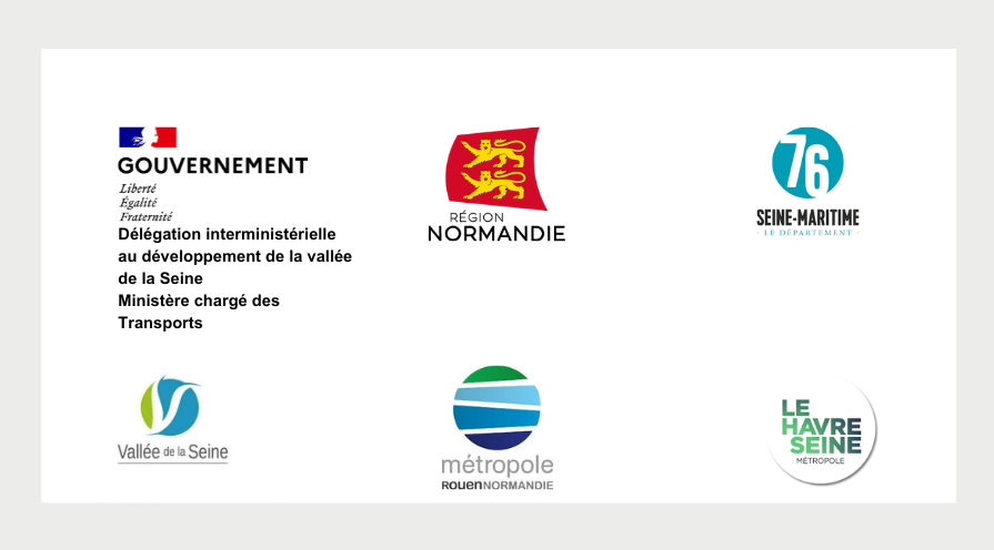 logos de l'Etat, de la région Normandie, du département Seine-Maritime, de la  Vallée de la Seine, de la métropole Rouen Normandie et de  la métropole Le Havre Seine