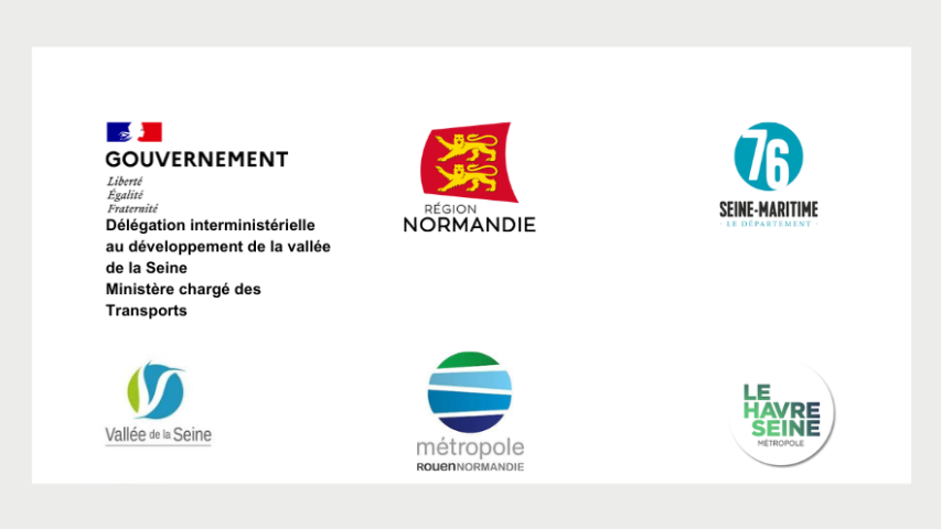logos de l'Etat, de la région Normandie, du département Seine-Maritime, de la Vallée de la Seine, de la métropole Rouen Normandie et de la métropole Le Havre Seine