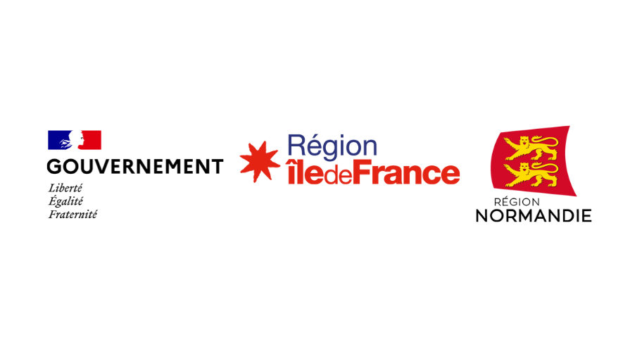 logo gouvernement, logo région Ile-de-France et logo région Normandie